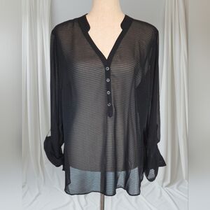 a.n.a. Sheer Black V-Neck Tunic Blouse Button Front Roll Tab Sleeves XL